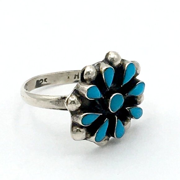 PETIT POINT sterling turquoise flower ring - size 6.5 Mexico southwest style 925 - Picture 4 of 8